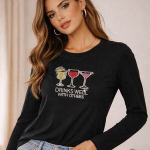 Y2K Rhinestone Cocktail Graphic Top M Drinks Well With Others Black Girls Night